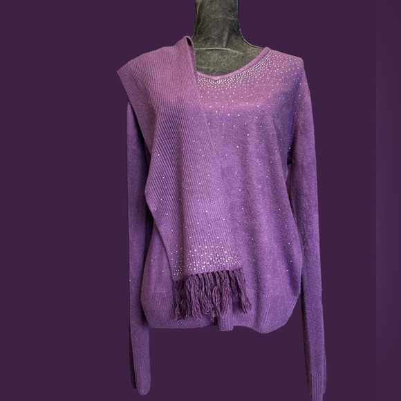 Sweater Tank Top‎ Scarf Set Purple Rhinestone Embellished Knit Outfit - Picture 5 of 8